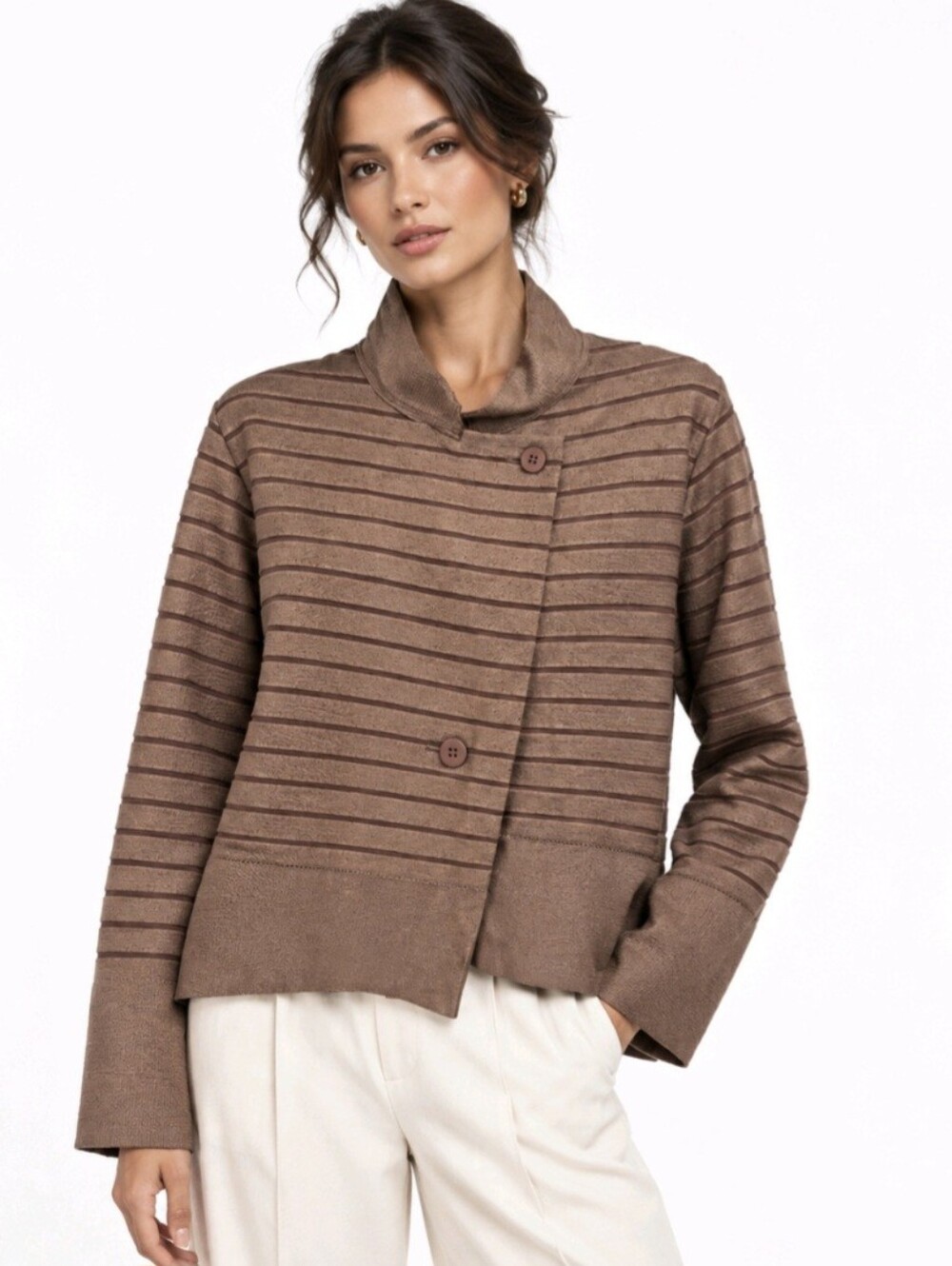 Issey Miyake Cardigan Taupe Thin Stripe Jacket Size 3 = M NEW
